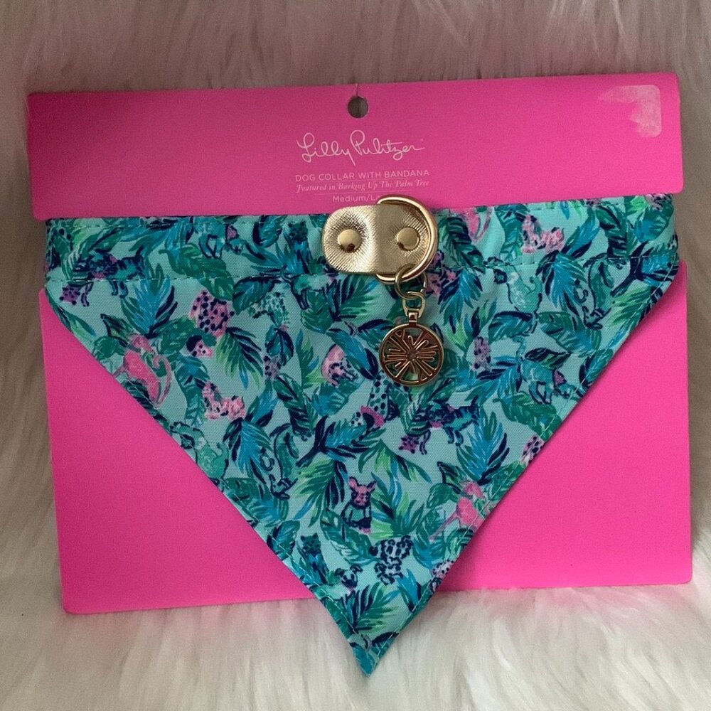 LILLY PULITZER Barking Up the Palm Tree Print Dog Collar with Bandana Sz M/L